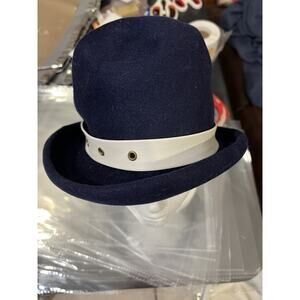 Henry Pollak Blue Wool Felt Vintage White Faux Leather Band 70’s